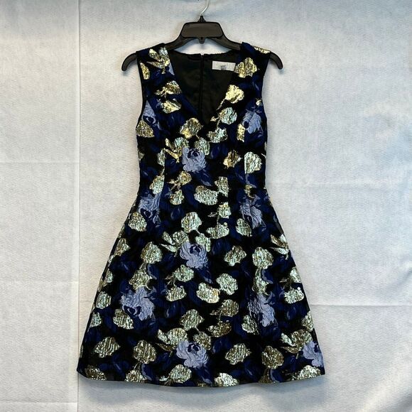 BADGLEY MISCHKA Dress Size 6 Metallic Gold Blue Floral Mini Sleeveless Brocade - Picture 1 of 12